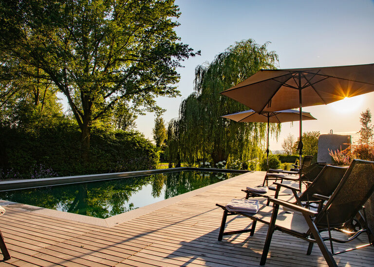 Sonnenterrasse mit Sonnenliegen und Schirmen beim Naturpool des Wellnesshotels Quellenhof.