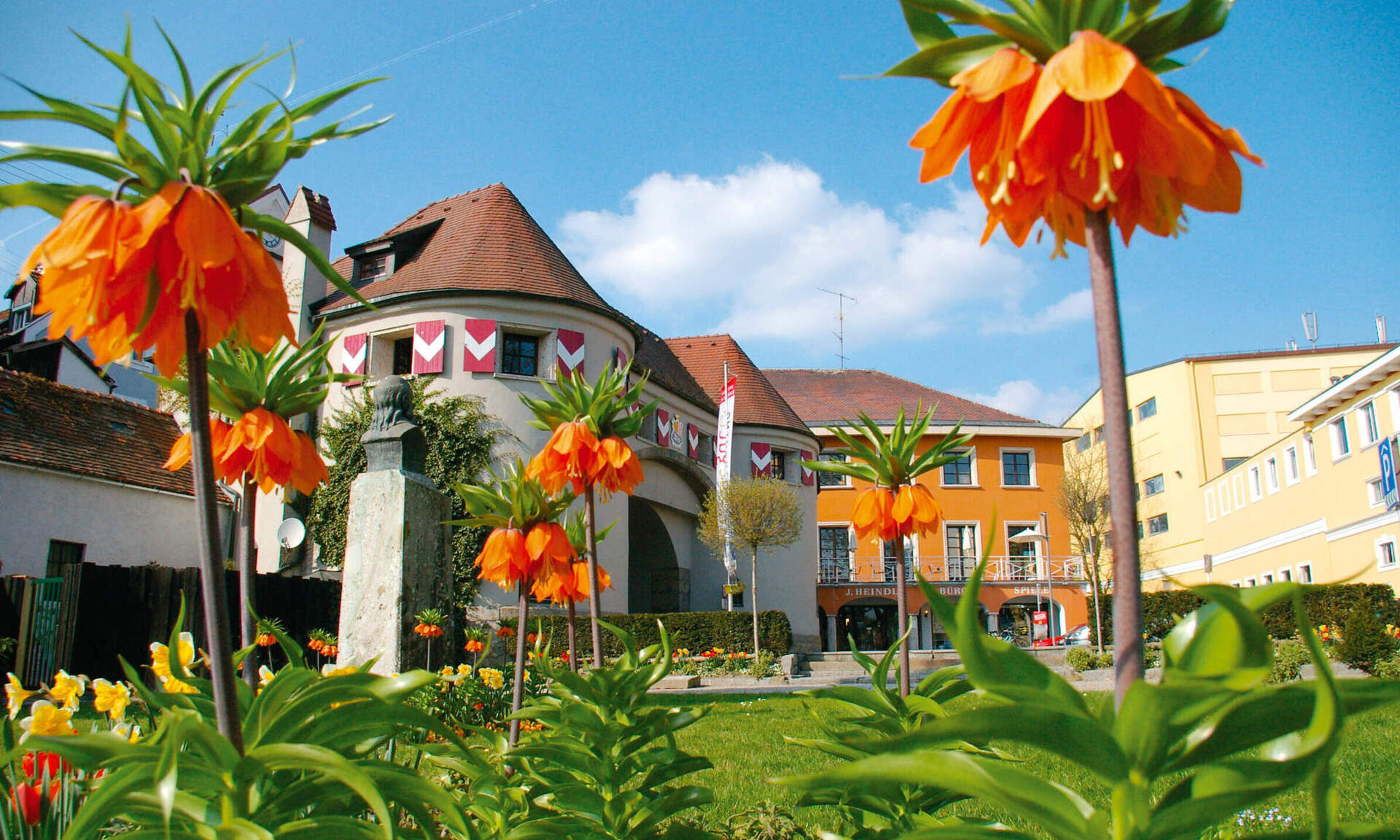 Innenstadt in Schärding mit vielen schöenen blühenden Blumen im Vordergrund an einem wunderschönen Tag.